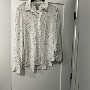 Long sleeve button down silky polka dot shirt
